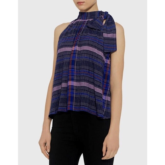Apiece Apart Medina Top Size 0 Blue Purple Plaid Tie Mock Neck Sleeveless Blouse - Picture 13 of 13